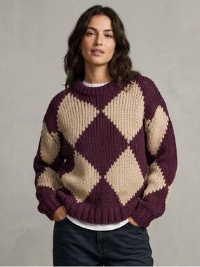Zara Sz L Colorblock Chunky Wool Blend Knit Argyle Cream Burgundy Sweater